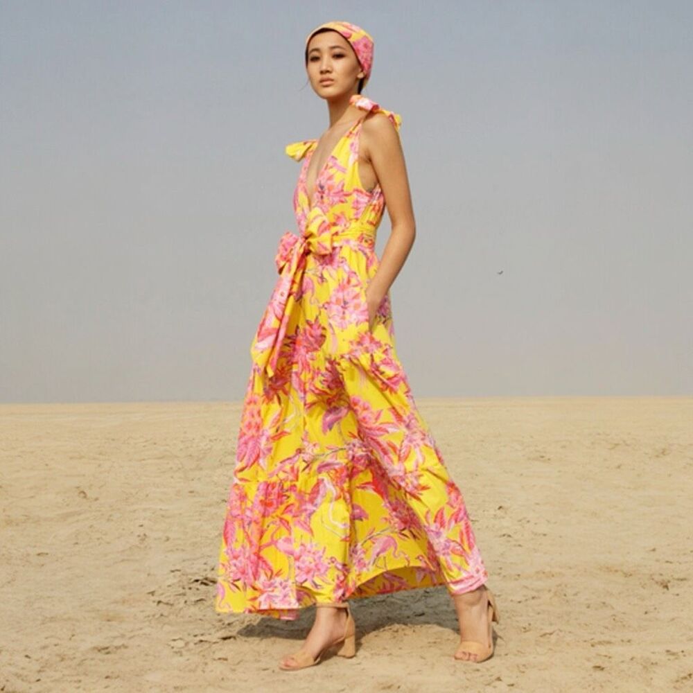 Banjanan Carnation‎ Flamingo Rhododendron Ruffle Maxi Dress Size Small Yellow